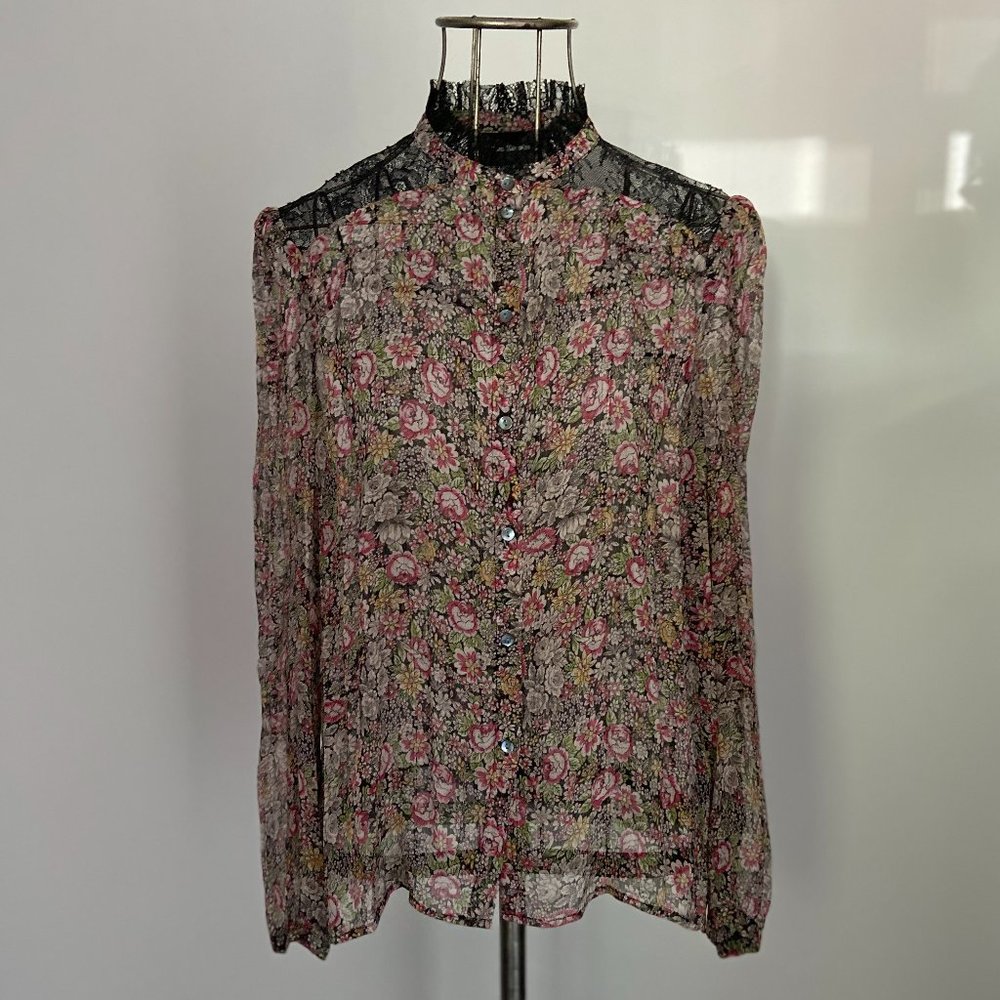 KOOPLES Sheer Floral Blouse Silk Chiffon Lace Trim WOW gorgeous - Picture 11 of 14